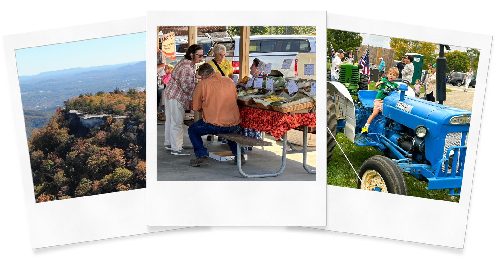 A collage of McAfee Knob, the Catawba Farmers Market and a kid on a tractor